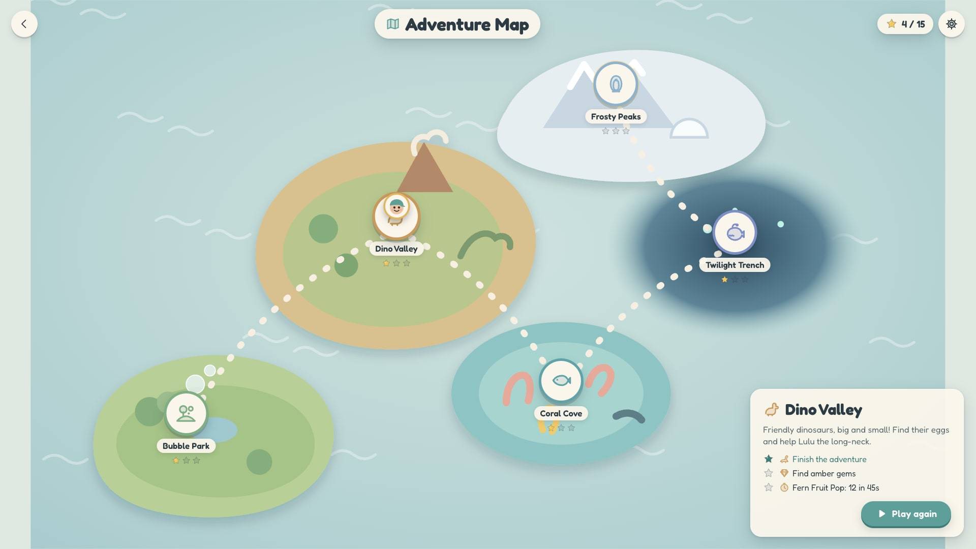 The Adventure Map showing five island worlds joined by dotted paths, with Dino Valley selected.