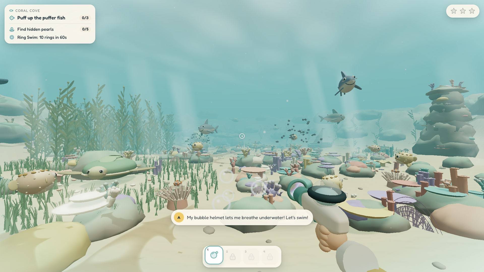 Coral Cove: an underwater lagoon with a turtle, puffer fish and smiling sharks above the coral.